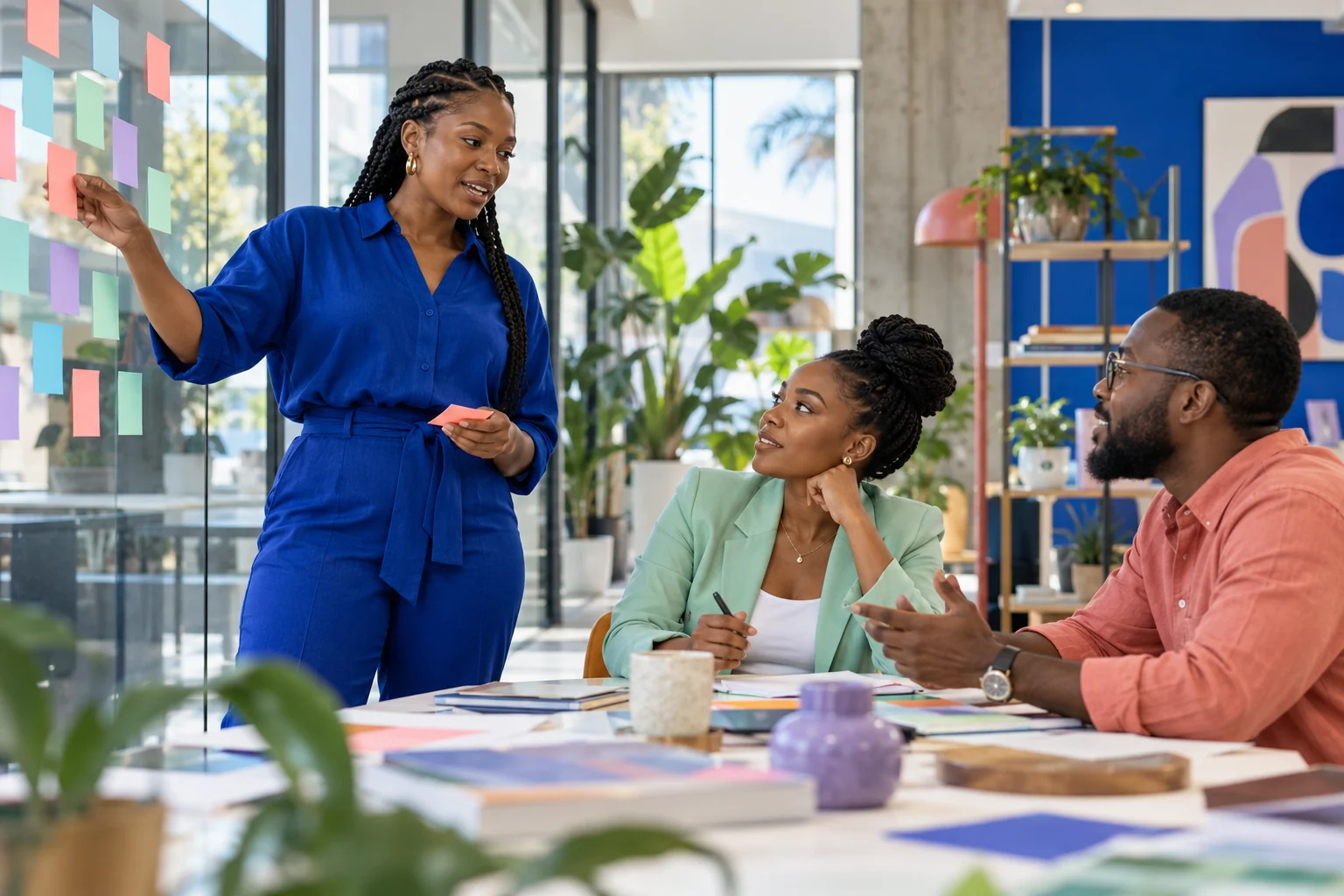 Equipa negra a colaborar numa sessão de ideias num estúdio angolano
